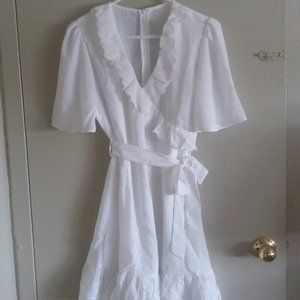New Ruffle Trim Embroidered Eyelet Belted Dress